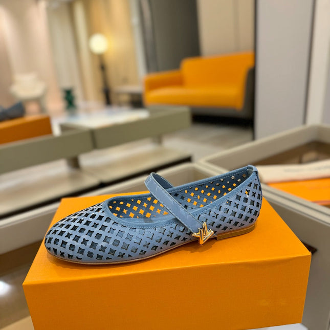 ROMY FLAT BALLERINA IN CERULEAN BLUE MESH PATENT CALFSKIN