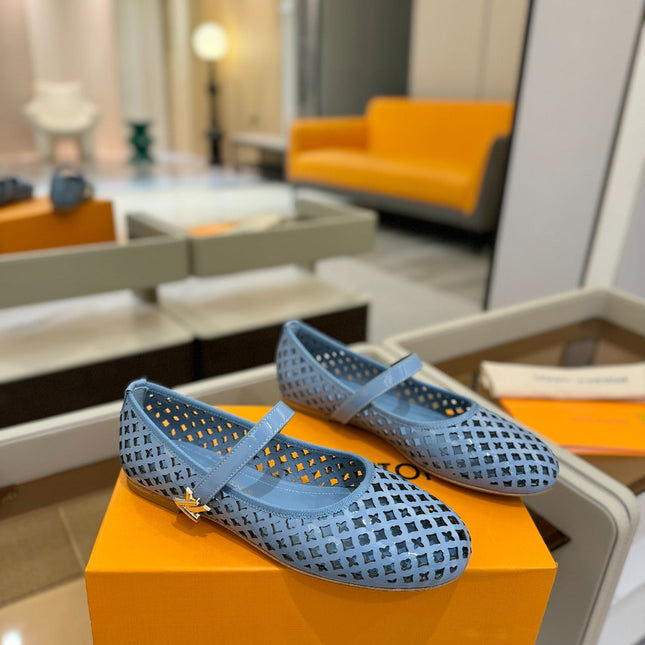 ROMY FLAT BALLERINA IN CERULEAN BLUE MESH PATENT CALFSKIN