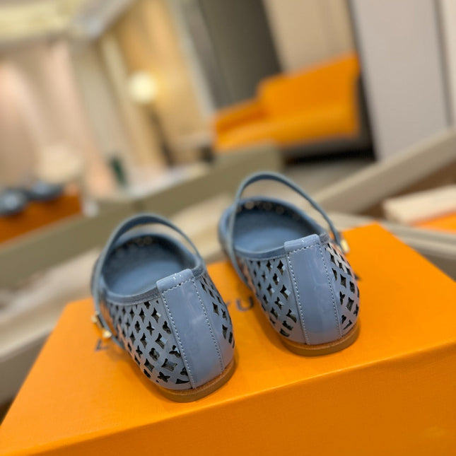 ROMY FLAT BALLERINA IN CERULEAN BLUE MESH PATENT CALFSKIN