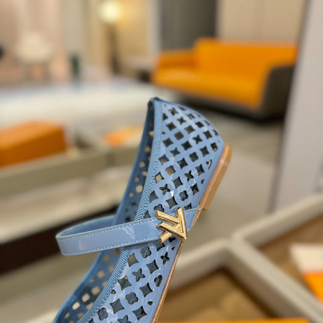 ROMY FLAT BALLERINA IN CERULEAN BLUE MESH PATENT CALFSKIN