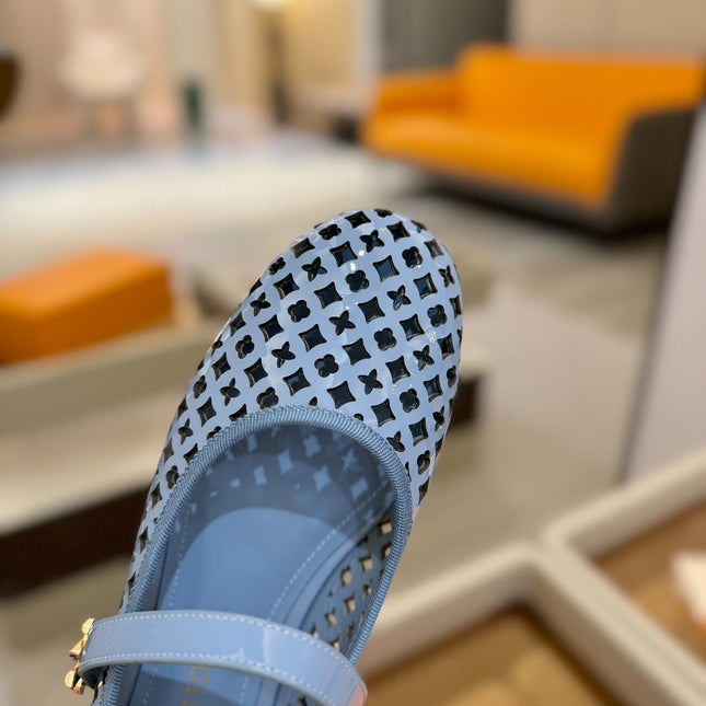 ROMY FLAT BALLERINA IN CERULEAN BLUE MESH PATENT CALFSKIN