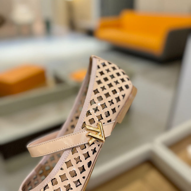ROMY FLAT BALLERINA IN LIGHT PINK MESH PATENT CALFSKIN