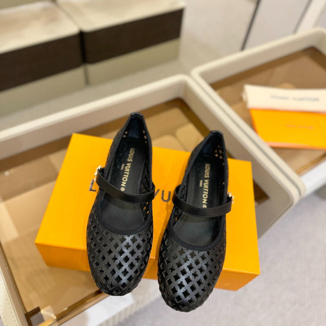 ROMY FLAT BALLERINA IN BLACK MESH CALFSKIN