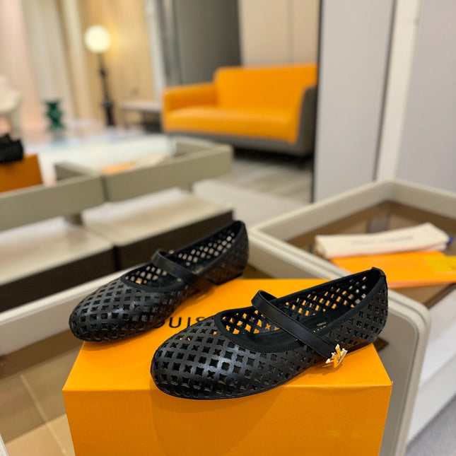 ROMY FLAT BALLERINA IN BLACK MESH CALFSKIN
