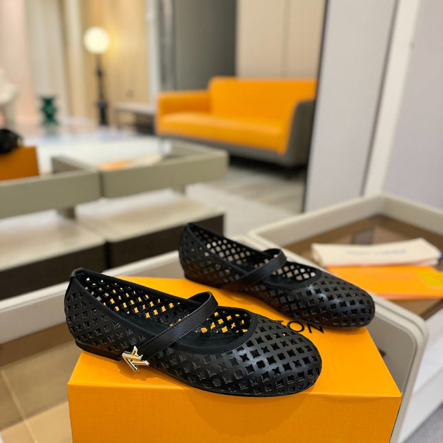 ROMY FLAT BALLERINA IN BLACK MESH CALFSKIN