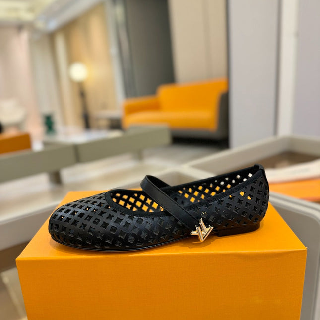 ROMY FLAT BALLERINA IN BLACK MESH CALFSKIN