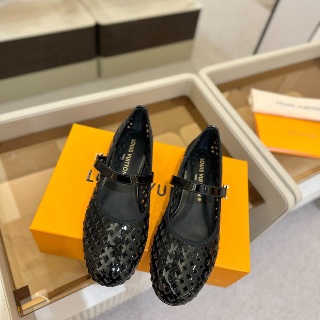 ROMY FLAT BALLERINA IN BLACK MESH PATENT CALFSKIN
