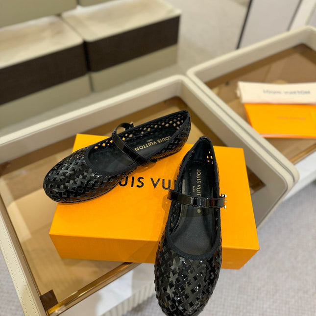 ROMY FLAT BALLERINA IN BLACK MESH PATENT CALFSKIN