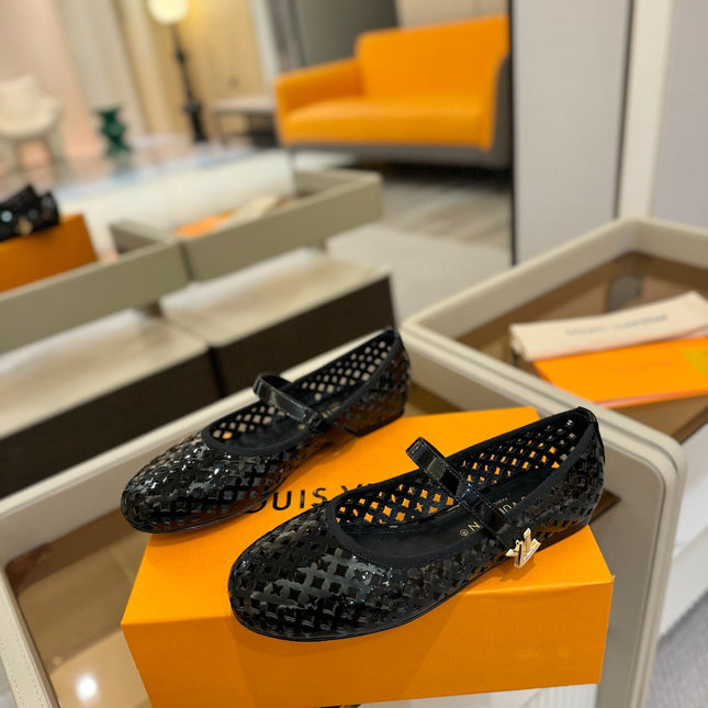 ROMY FLAT BALLERINA IN BLACK MESH PATENT CALFSKIN