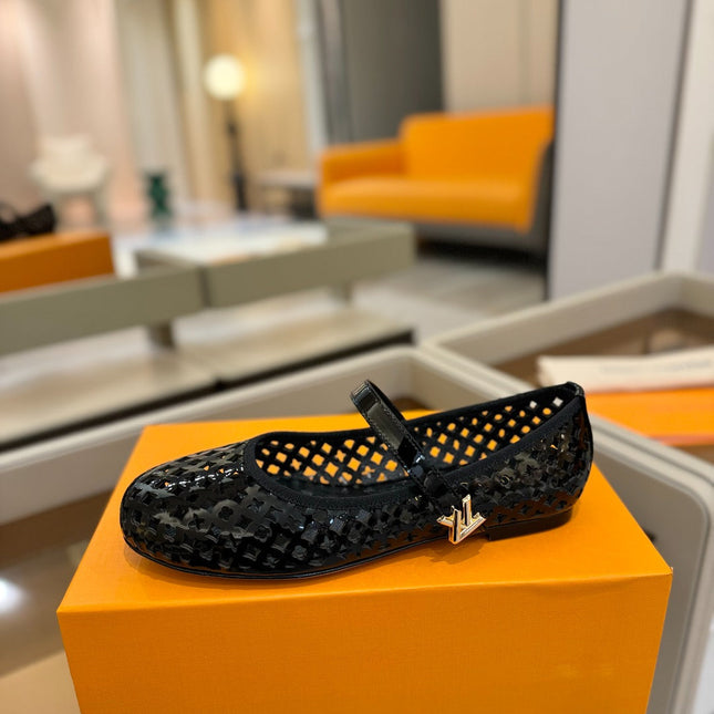 ROMY FLAT BALLERINA IN BLACK MESH PATENT CALFSKIN