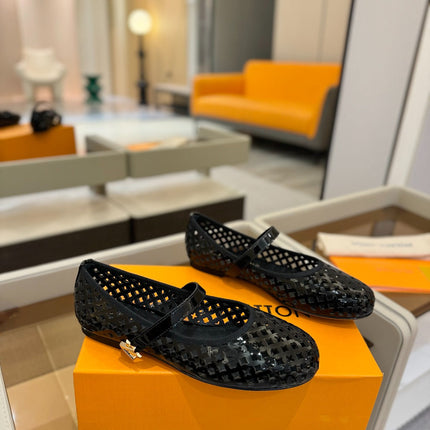 ROMY FLAT BALLERINA IN BLACK MESH PATENT CALFSKIN