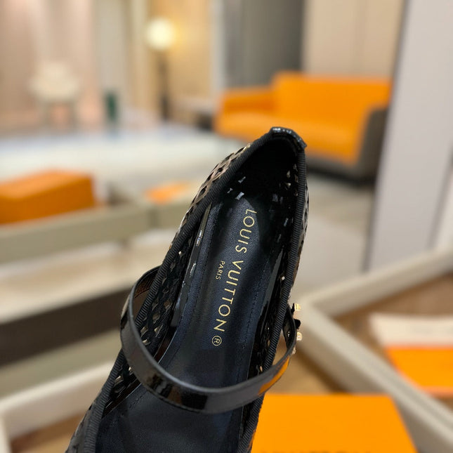 ROMY FLAT BALLERINA IN BLACK MESH PATENT CALFSKIN