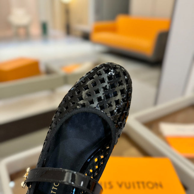 ROMY FLAT BALLERINA IN BLACK MESH PATENT CALFSKIN