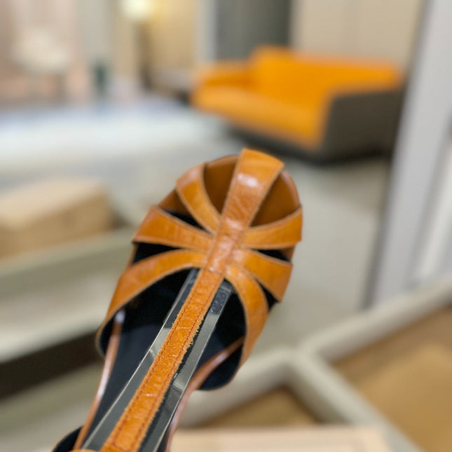 HIGH SANDALS 75 MM IN CINNAMON BROWN CALFSKIN