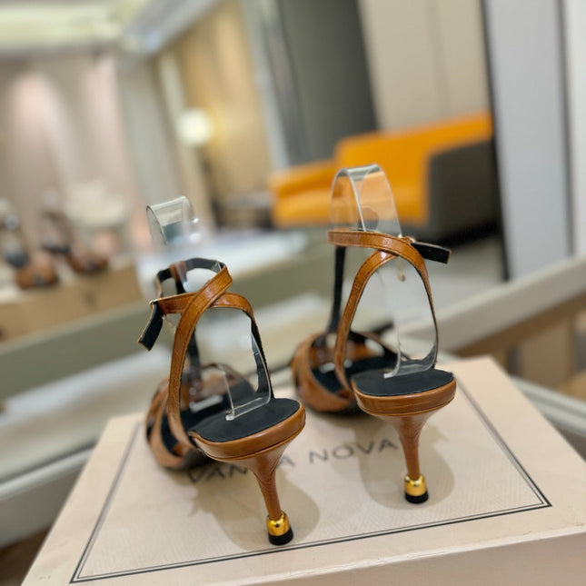 HIGH SANDALS 75 MM IN CINNAMON BROWN CALFSKIN