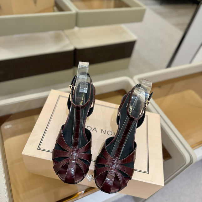 HIGH SANDALS 75 MM IN MAHOGANY RED PATENT CALFSKIN