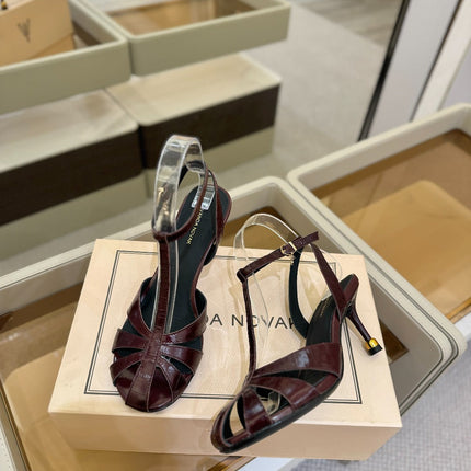 HIGH SANDALS 75 MM IN MAHOGANY RED PATENT CALFSKIN
