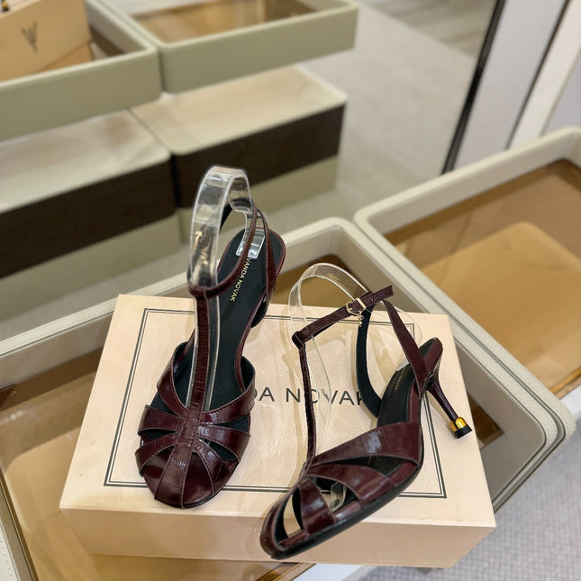 HIGH SANDALS 75 MM IN MAHOGANY RED PATENT CALFSKIN