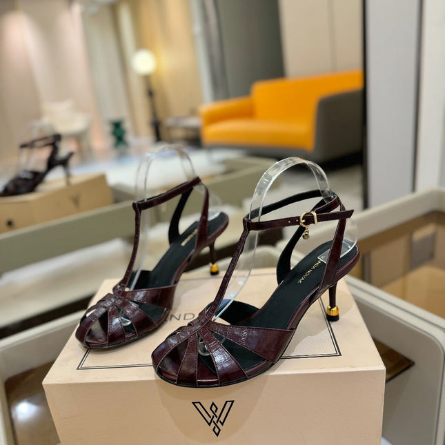 HIGH SANDALS 75 MM IN MAHOGANY RED PATENT CALFSKIN