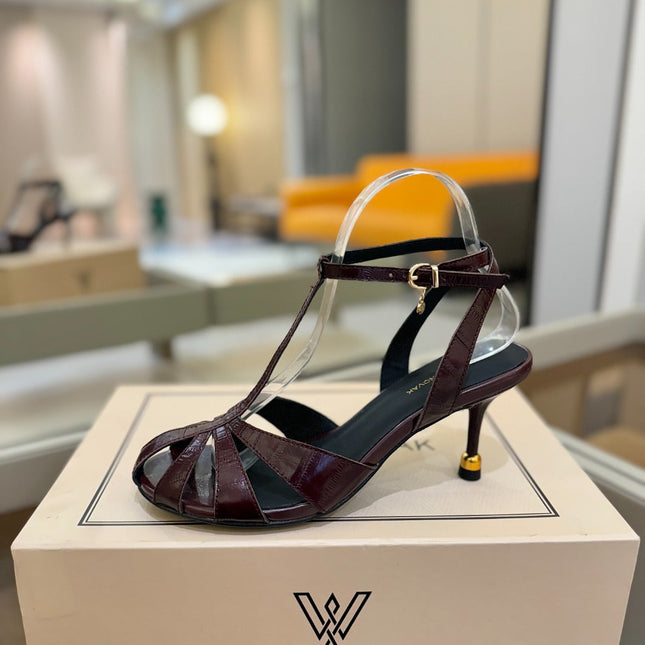 HIGH SANDALS 75 MM IN MAHOGANY RED PATENT CALFSKIN