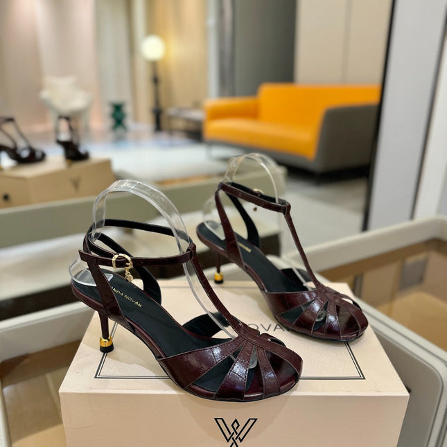 HIGH SANDALS 75 MM IN MAHOGANY RED PATENT CALFSKIN