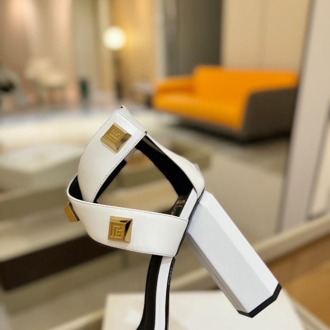 BALMAIN 25S WEDGE HEELS 105MM IN WHITE CALFSKIN GOLD HARDWARE