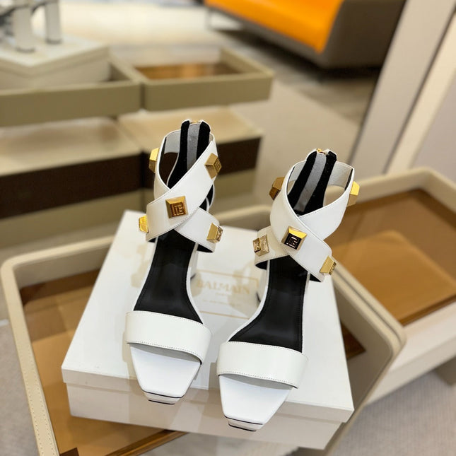 BALMAIN 25S WEDGE HEELS 105MM IN WHITE CALFSKIN GOLD HARDWARE