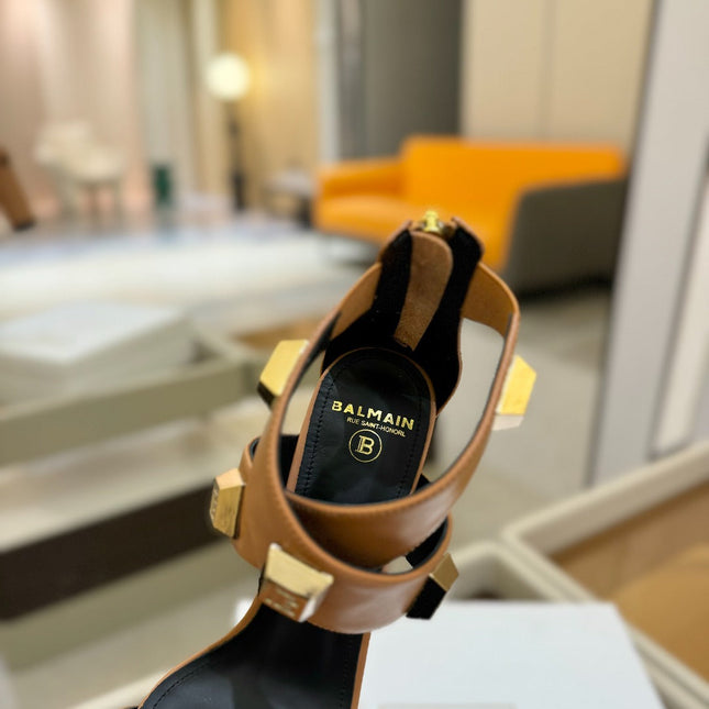 BALMAIN 25S WEDGE HEELS 105MM IN DARK BROWN CALFSKIN GOLD HARDWARE