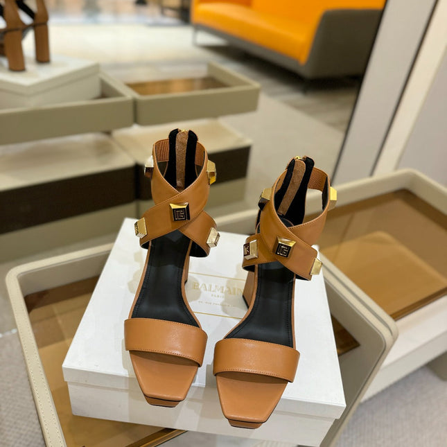 BALMAIN 25S WEDGE HEELS 105MM IN DARK BROWN CALFSKIN GOLD HARDWARE
