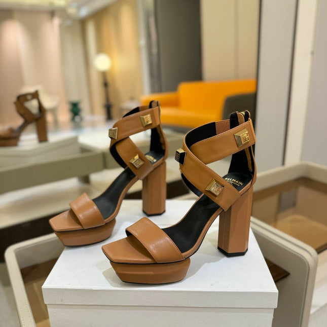 BALMAIN 25S WEDGE HEELS 105MM IN DARK BROWN CALFSKIN GOLD HARDWARE
