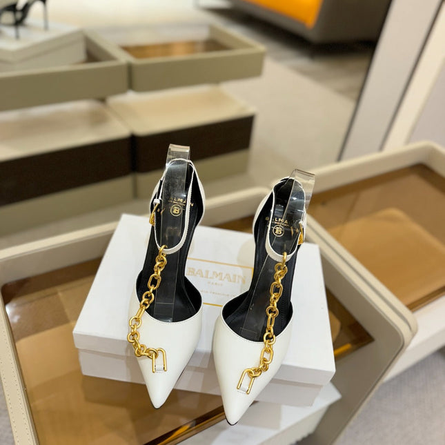 BALMAIN 25S SYNC STILETTOS WITH POINTED TOE 95MM IN WHITE CALFSKIN