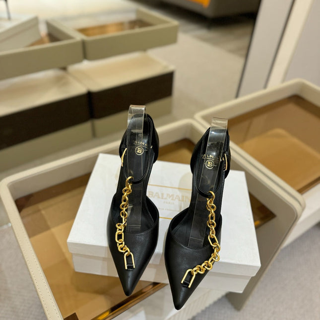 BALMAIN 25S SYNC STILETTOS WITH POINTED TOE 95MM IN BLACK CALFSKIN