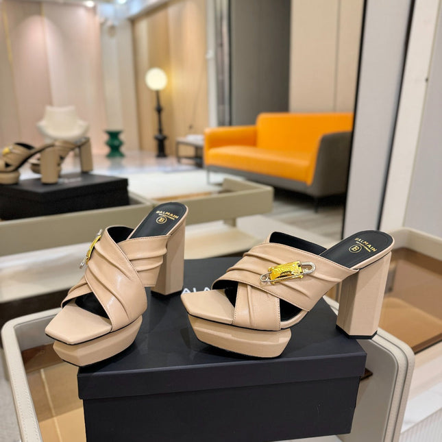 BALMAIN 25S WEDGE HEEL SANDALS 100MM IN NUDE CALFSKIN