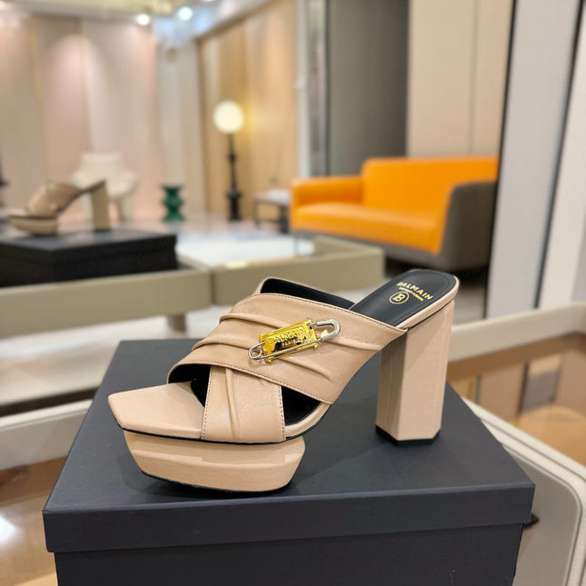 BALMAIN 25S WEDGE HEEL SANDALS 100MM IN NUDE CALFSKIN