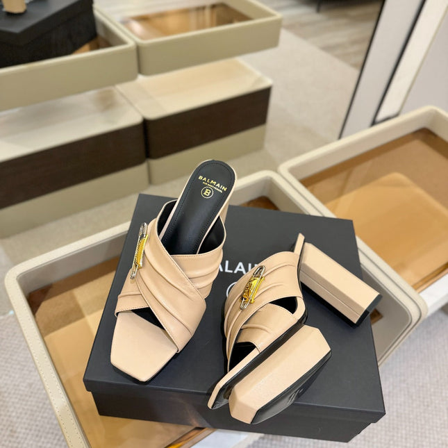 BALMAIN 25S WEDGE HEEL SANDALS 100MM IN NUDE CALFSKIN