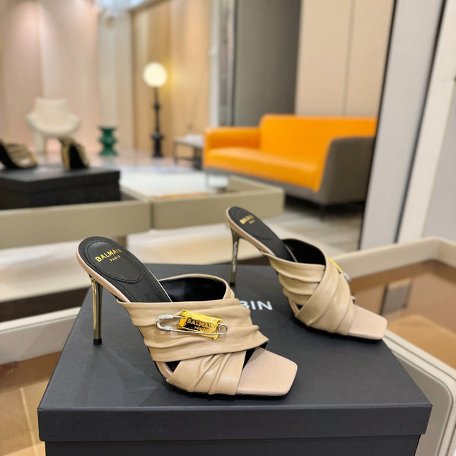 BALMAIN 25S HIGH HEEL SANDALS 95MM IN BEIGE CALFSKIN