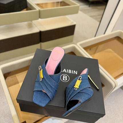 BALMAIN 25S HIGH HEEL SANDALS 95MM IN BLUE DENIM