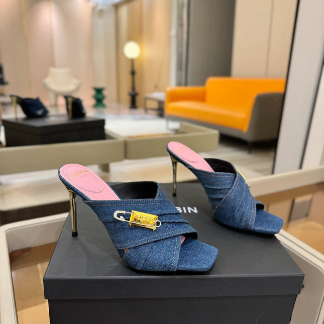 BALMAIN 25S HIGH HEEL SANDALS 95MM IN BLUE DENIM