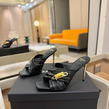 BALMAIN 25S HIGH HEEL SANDALS 95MM IN BLACK CALFSKIN