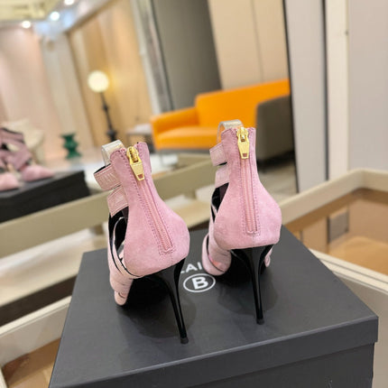 BALMAIN 25S HIGH HEELS LOGO RIBBON 95MM IN PINK SUEDE