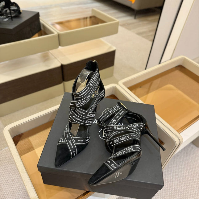 BALMAIN 25S HIGH HEELS LOGO RIBBON 95MM IN BLACK FULL SUEDE