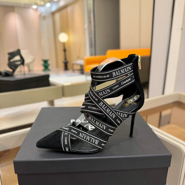 BALMAIN 25S HIGH HEELS LOGO RIBBON 95MM IN BLACK FULL SUEDE