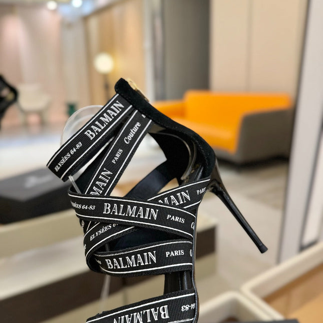 BALMAIN 25S HIGH HEELS LOGO RIBBON 95MM IN BLACK FULL SUEDE
