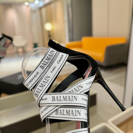 BALMAIN 25S HIGH HEELS LOGO RIBBON 95MM IN BLACK AND WHITE SUEDE