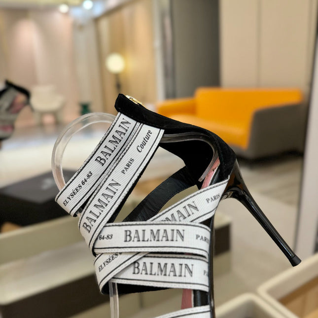 BALMAIN 25S HIGH HEELS LOGO RIBBON 95MM IN BLACK AND WHITE SUEDE