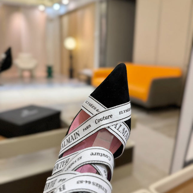 BALMAIN 25S HIGH HEELS LOGO RIBBON 95MM IN BLACK AND WHITE SUEDE
