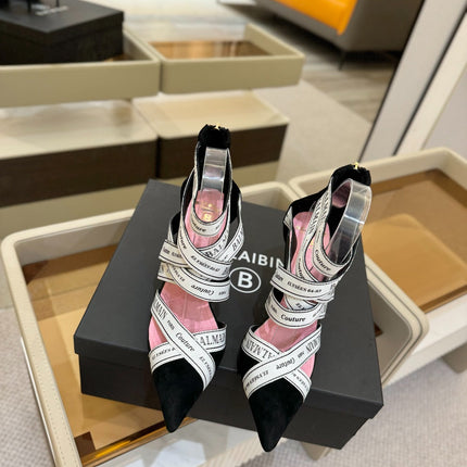 BALMAIN 25S HIGH HEELS LOGO RIBBON 95MM IN BLACK AND WHITE SUEDE