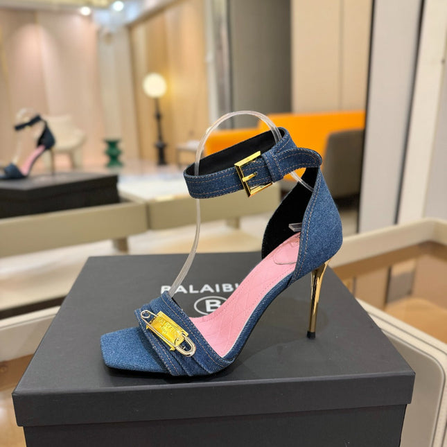 BALMAIN 25S HIGH HEELS 95MM IN BLUE DENIM