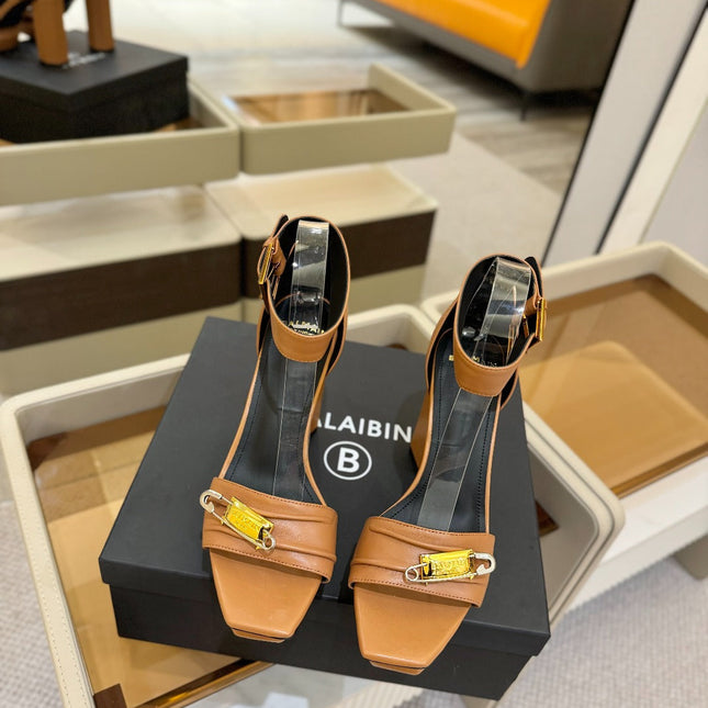 BALMAIN 25S WEDGE HEELS 100MM IN BROWN CALFSKIN