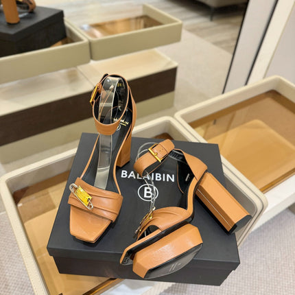 BALMAIN 25S WEDGE HEELS 100MM IN BROWN CALFSKIN